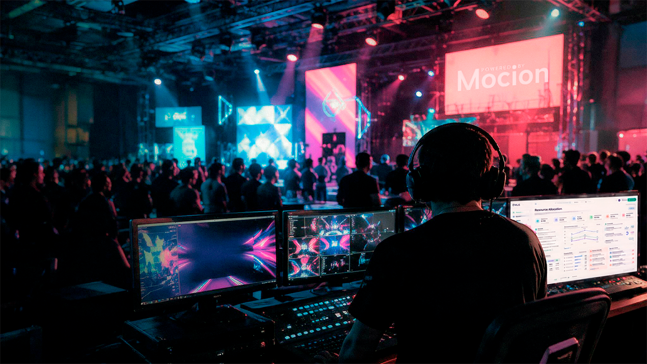 Operador de Mocion en la consola de control de un evento, frente a monitores con el tablero de EVIUS, con la audiencia y el escenario de marca al fondo