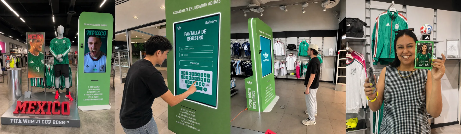 Cuatro momentos de la activación de Adidas: el tótem junto al maniquí de la selección de México, una asistente registrándose en pantalla, el Photo Booth Experience en piso de venta y una participante con su tarjeta de jugadora impresa
