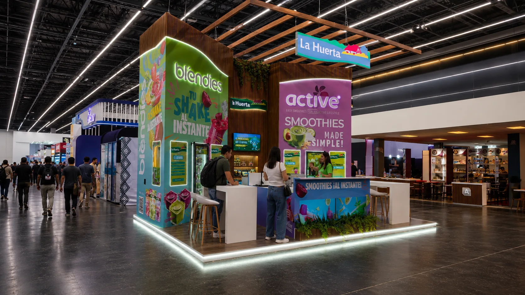 Stand de La Huerta en Expo ANTAD 2026, con el Freezer Inteligente y asistentes en la barra de smoothies