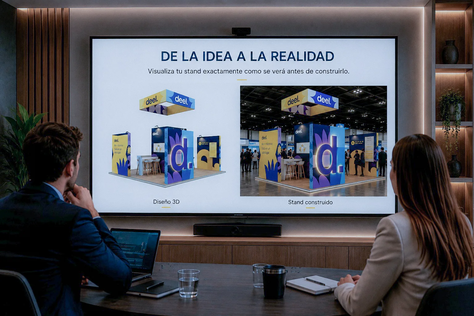 Equipo Mocion y cliente revisando el diseño 3D del stand junto al stand construido