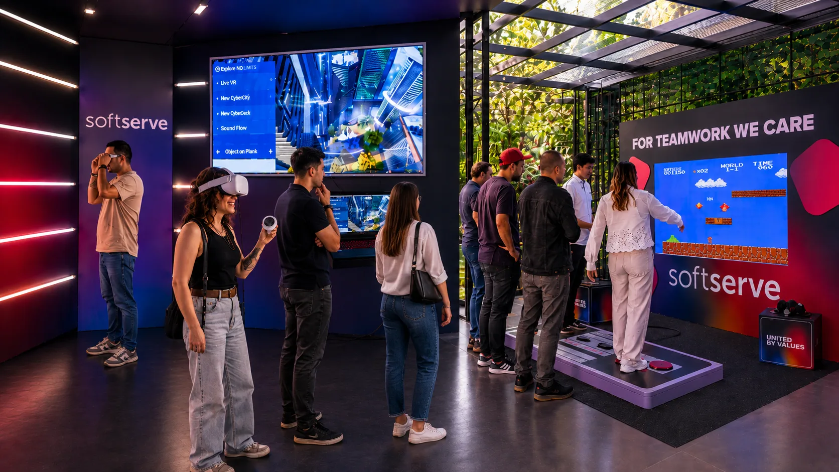 Espacio corporativo de SoftServe con estaciones de realidad virtual y videojuego
