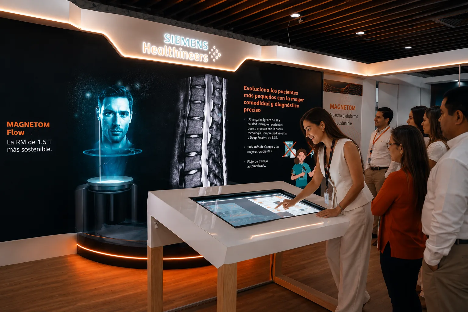 Stand de Siemens Healthineers con mesa táctil y holograma, y visitantes recorriéndolo