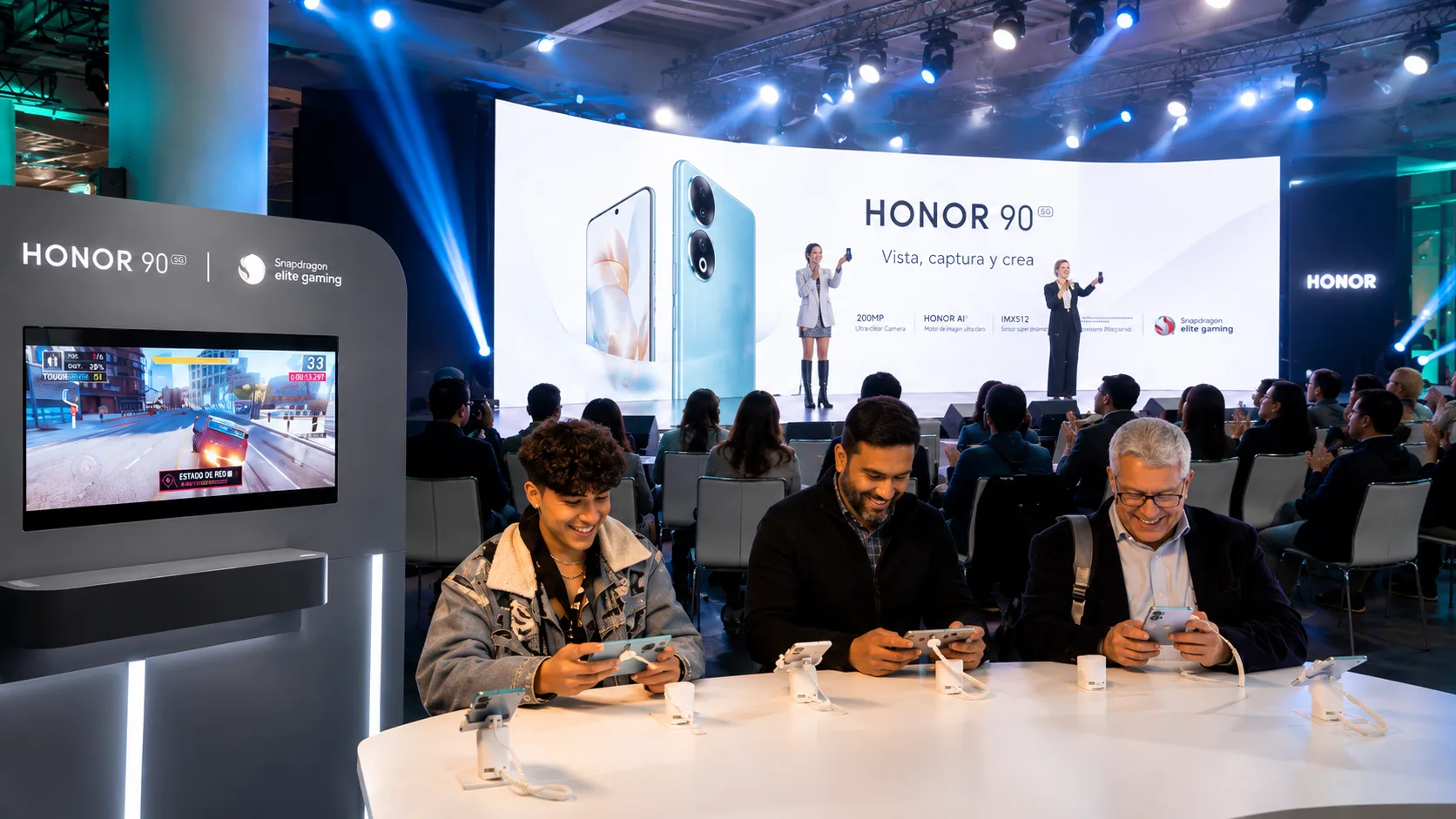 Lanzamiento del Honor 90 con asistentes probando el equipo frente al escenario