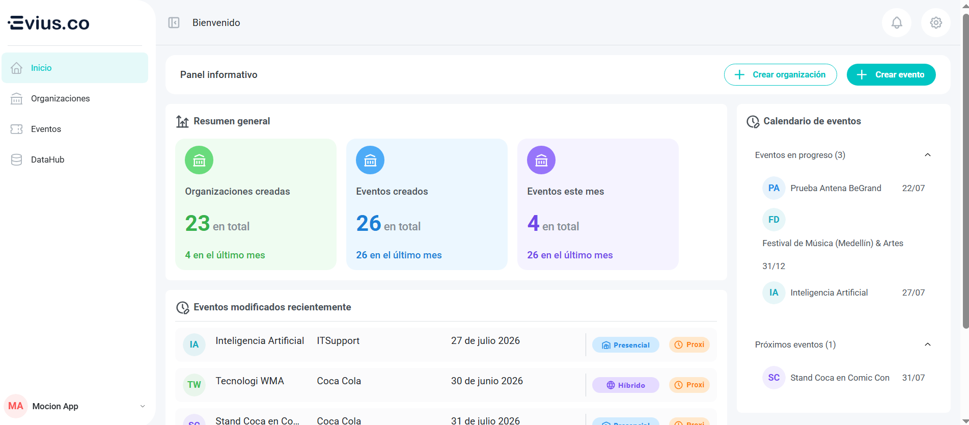 Panel de administración de eventos en EVIUS