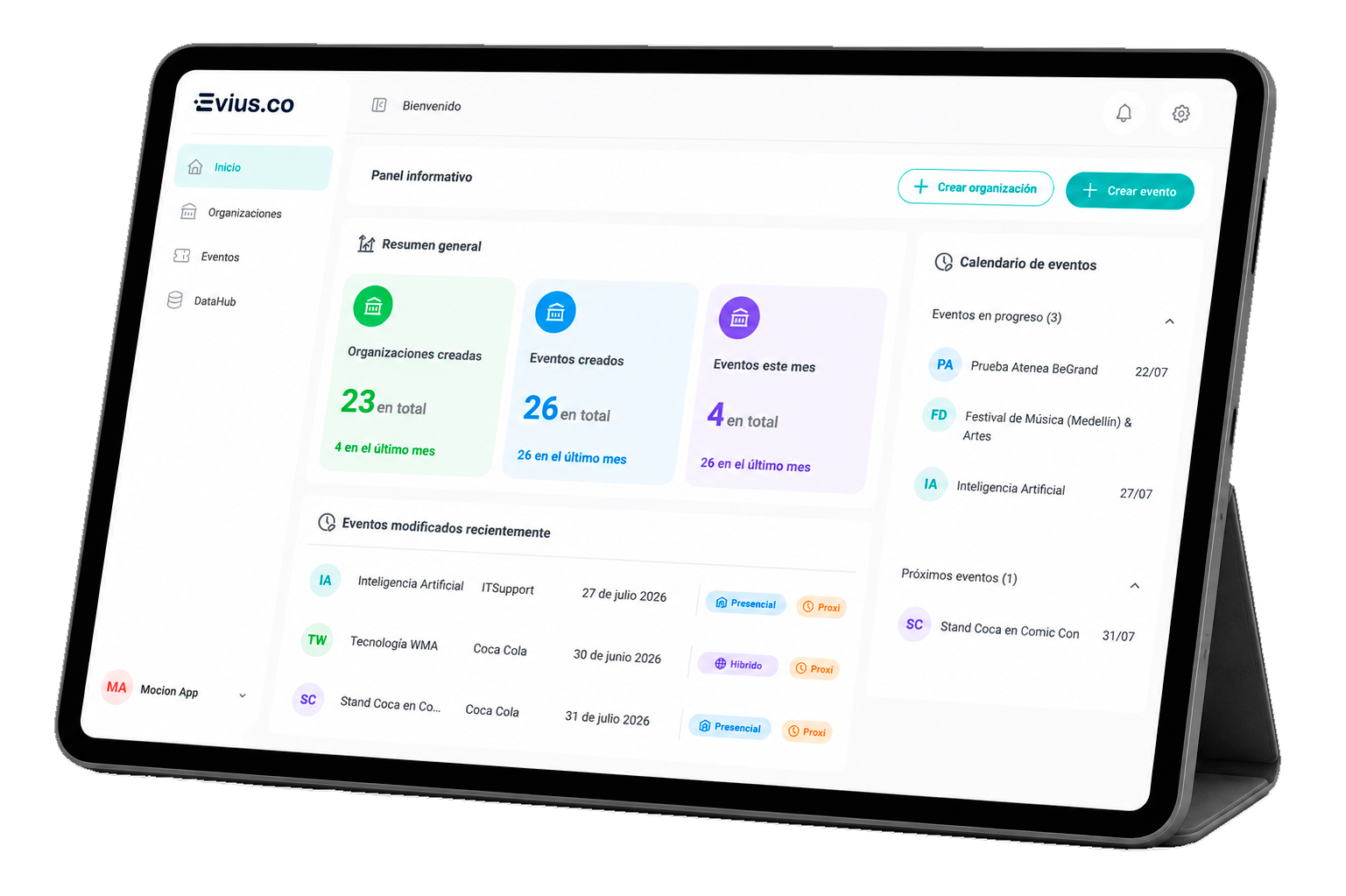 EVIUS en tablet — panel informativo