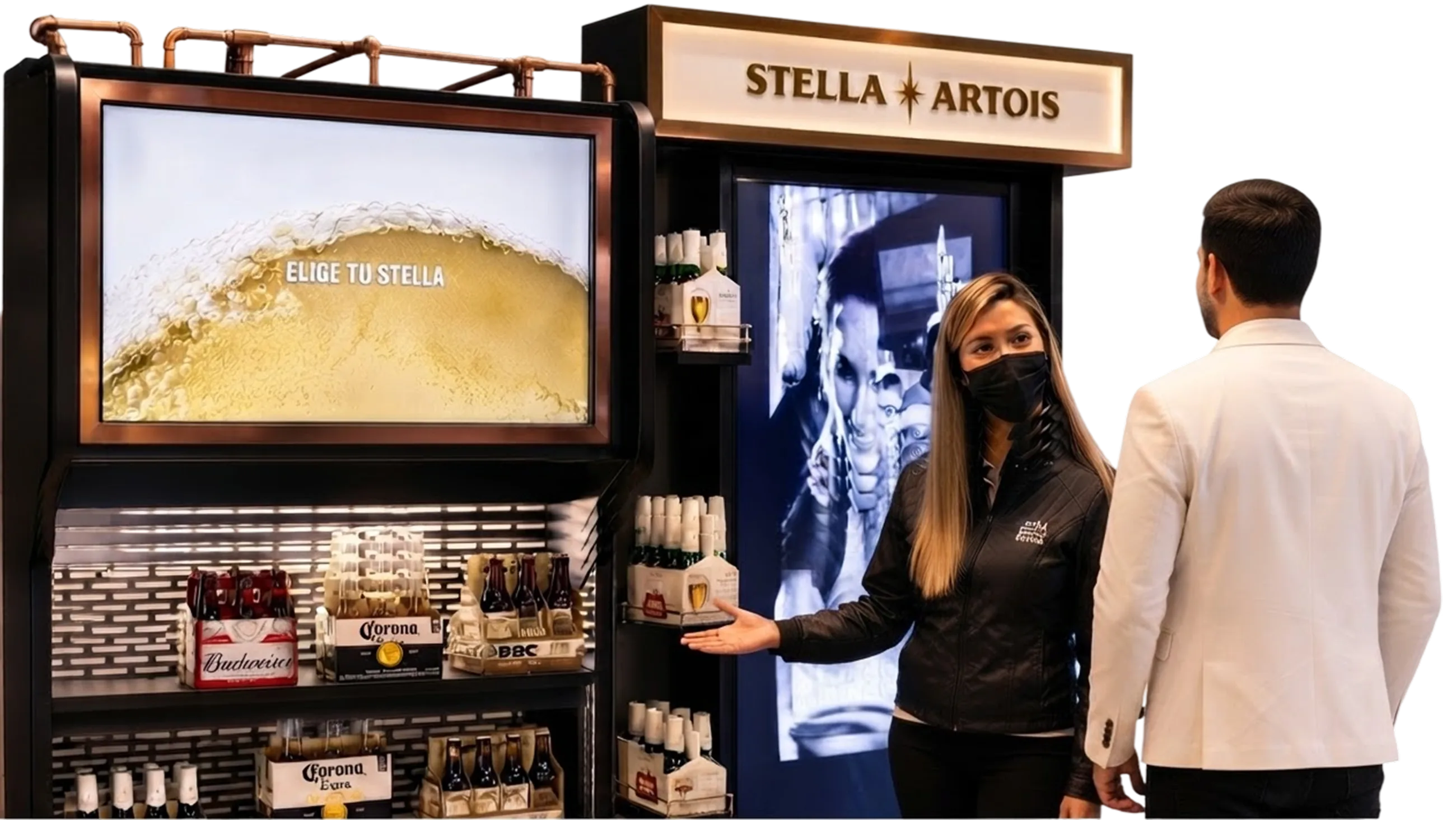 Cabecera interactiva Stella Artois con pantalla y anaquel de bebidas