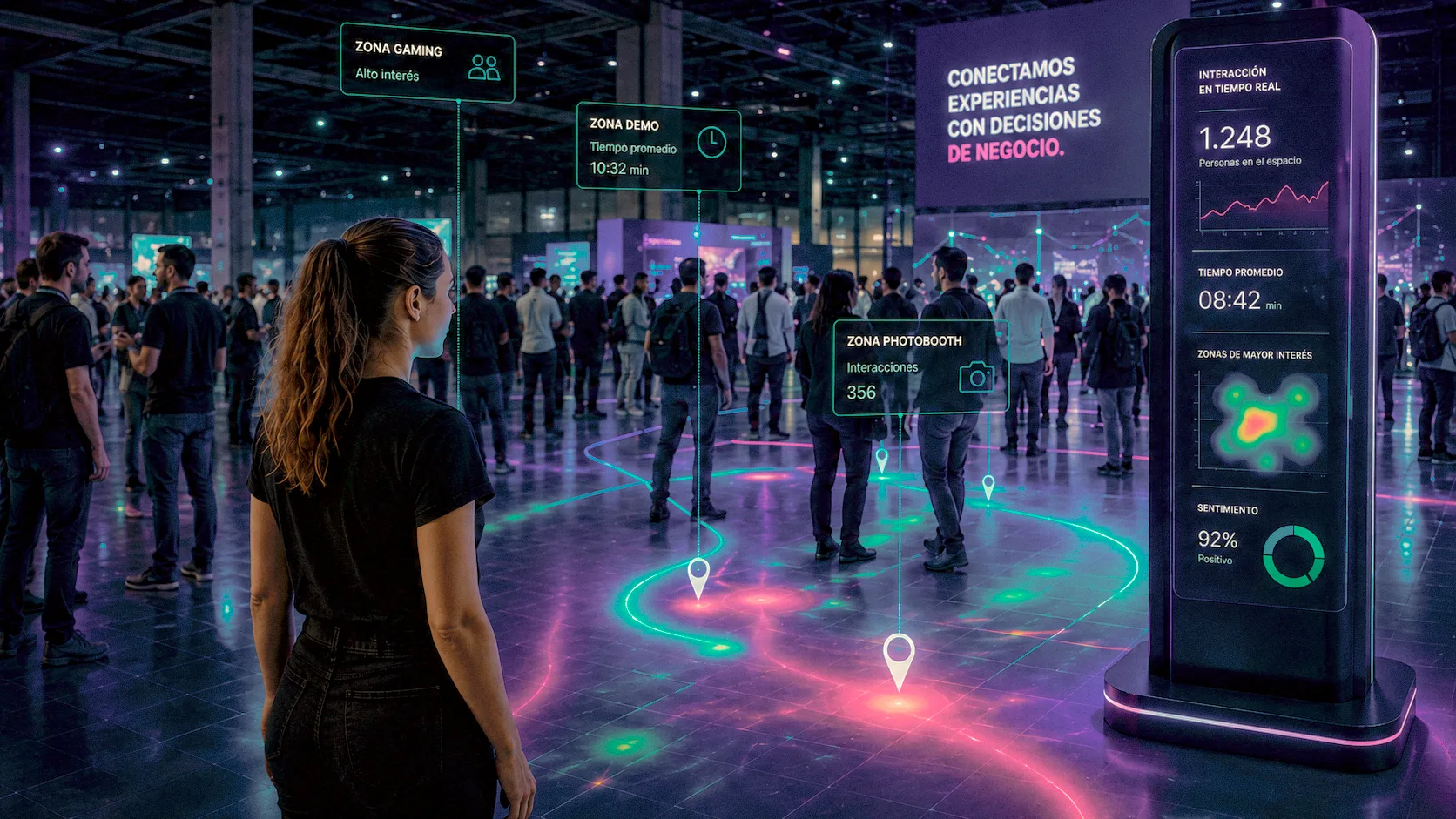 Feria tecnológica con visitantes y capas de datos sobre el piso: zonas de interés, tiempo promedio e interacciones en un tótem