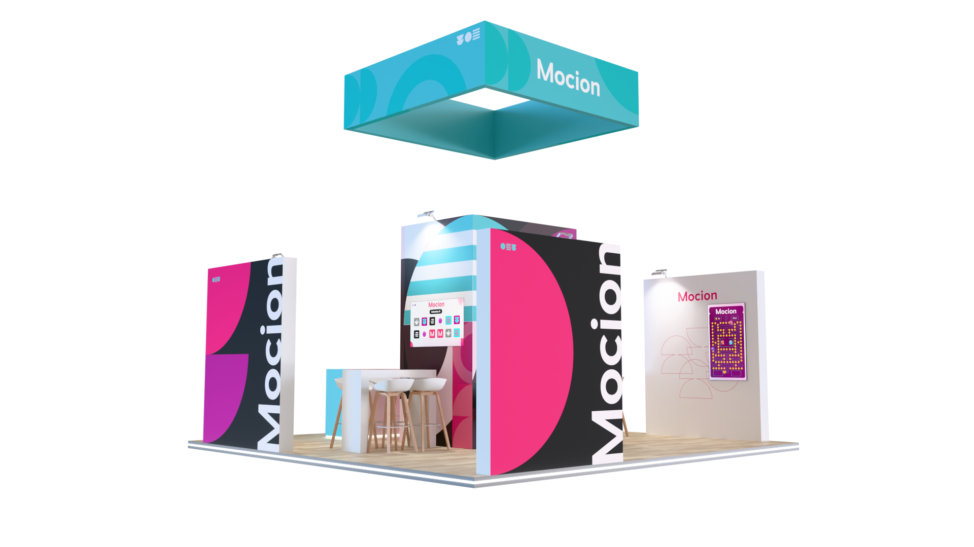 Render de stand experiencial Mocion
